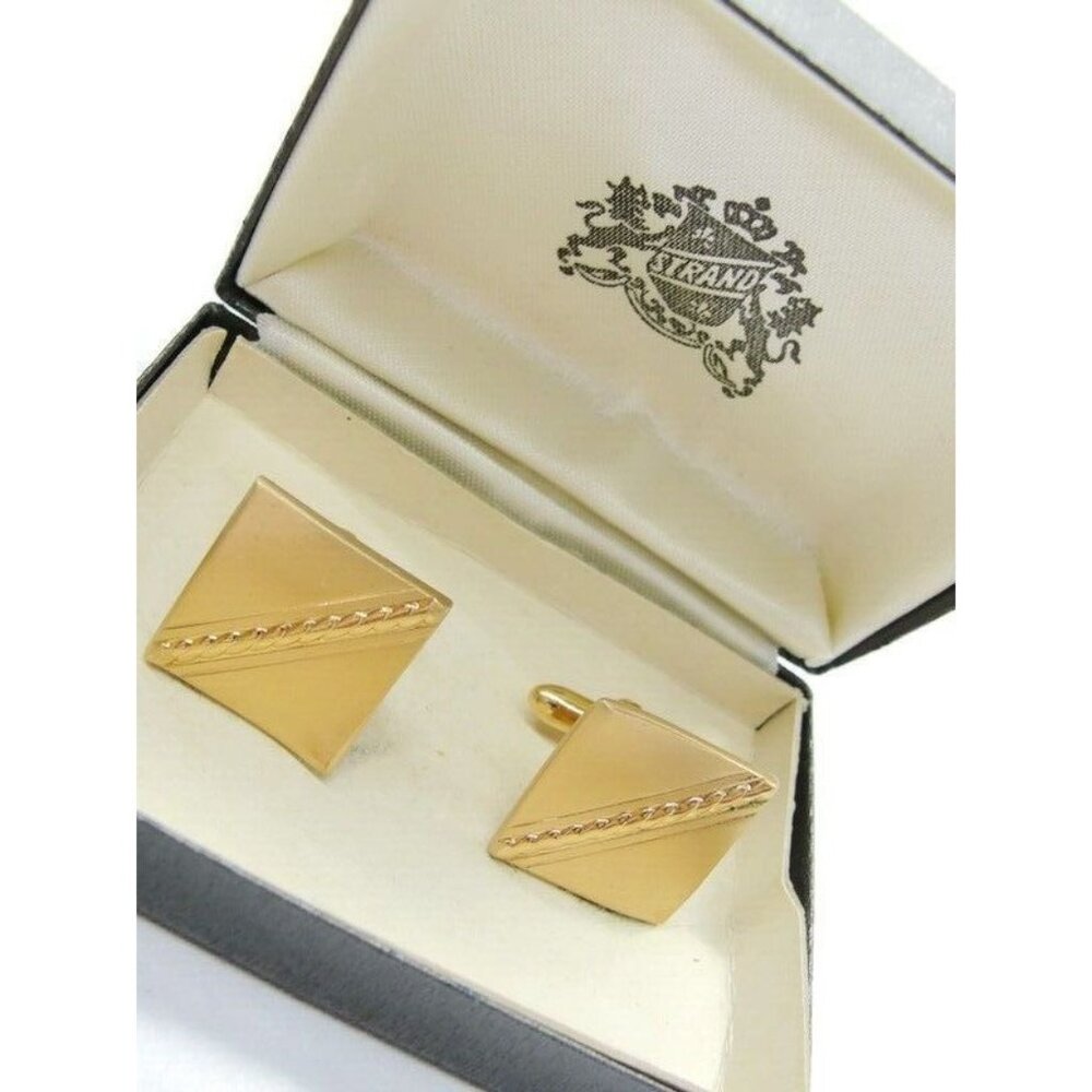 Strand Square Rolled Rope Design Vtg Cufflinks Gold Tone Tux Wedding Formal IOB